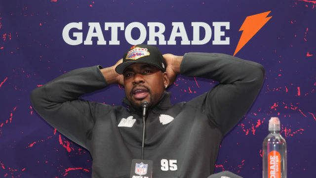 Feb 5, 2024; Las Vegas, NV, USA; Kansas City Chiefs defensive tackle Chris Jones (95) during Super Bowl LVIII Opening Night at Allegiant Stadium. Mandatory Credit: Kirby Lee-USA TODAY Sports  